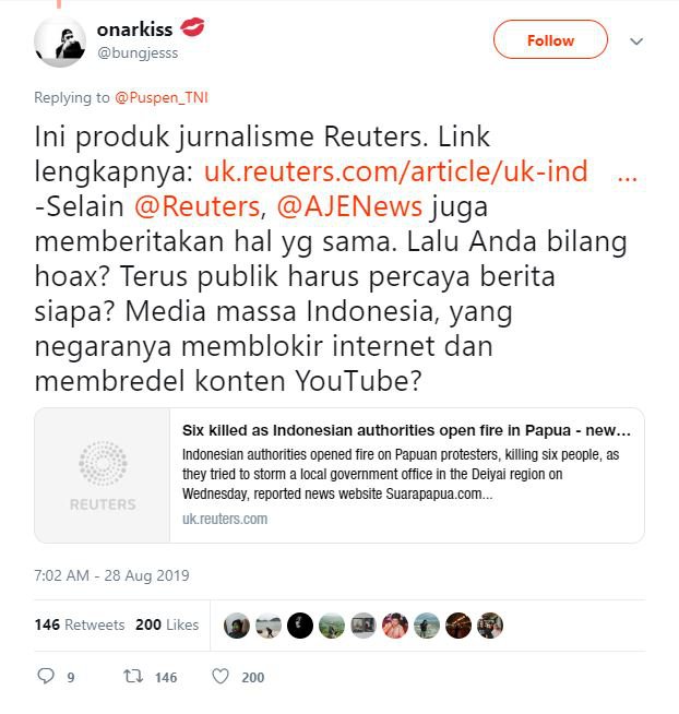Tangkapan layar komentar warganet tentang tudingan berita hoaks dari TNI