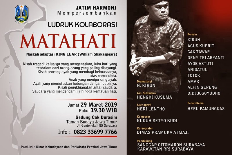 WORO-WORO. Poster pementasan ludruk kolaborasi Matahati yang akan digelar di Gedung Cak Durasim Surabaya, Jumat 29 Maret 2019 malam. IST.