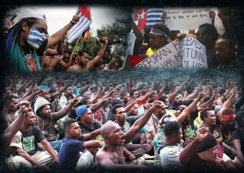 TIGA FOTO. Tangkapan layar foto massa di Lapangan Apel Kantor Gubernur Papua 19 Agustus 2019 (bawah) dan aksi massa mahasiswa Papua di Yogyakarta 1 Juli 2014 (kanan atas, massa berspanduk).