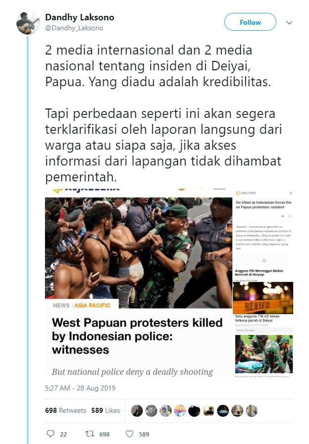 Tangkapan layar jurnalis senior Dandhy Laksono menyikapi pemberitaan demonstrasi di Papua