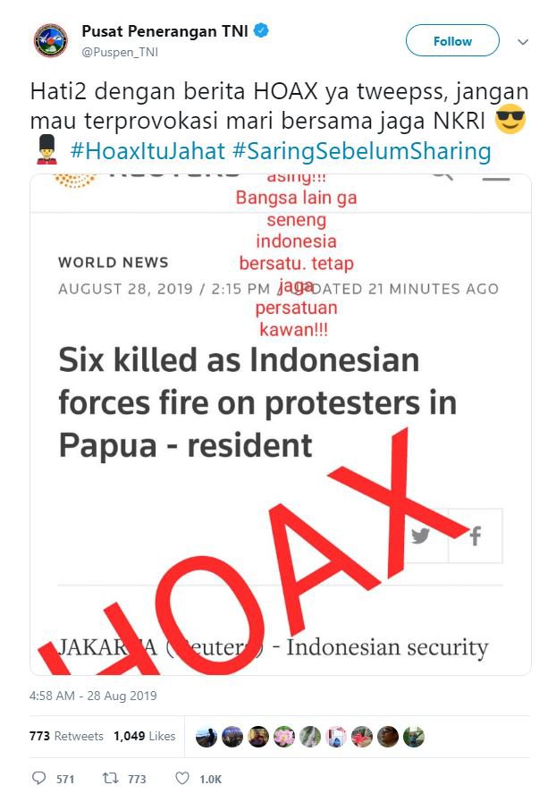Tangkapan layar akun twitter Pusat Penerangan TNI