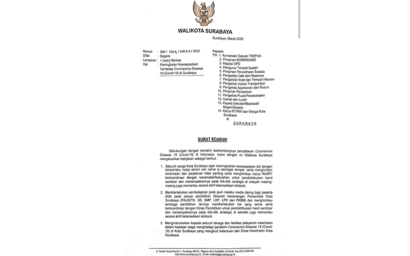 Keluarkan Surat Edaran Risma Imbau Warganya Tingkatkan Kewaspadaan Covid 19