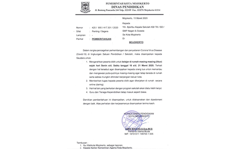 Dispendik Kota Mojokerto Liburkan Sekolah Selama Dua Minggu
